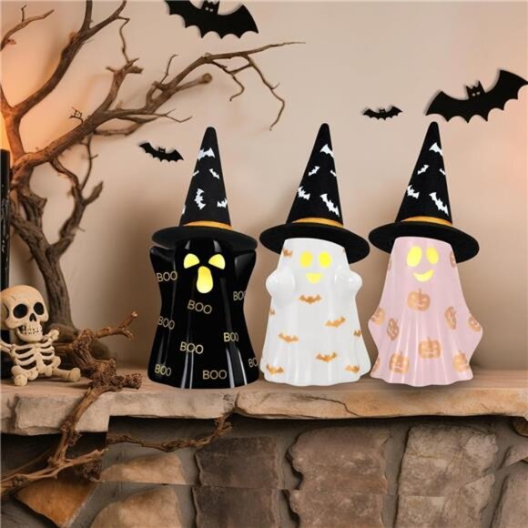 Halloween Decorations Indoor, Set of 3 Ceramic Halloween Ghosts with Witch - Picture 5 of 7
